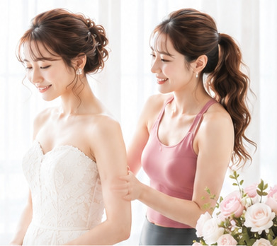 花嫁の背中をトレーナーが見ている様子