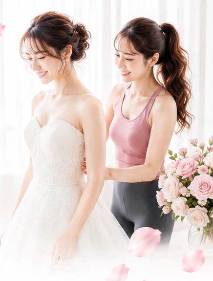 ドレスの花嫁とトレーナーが並んでいる様子